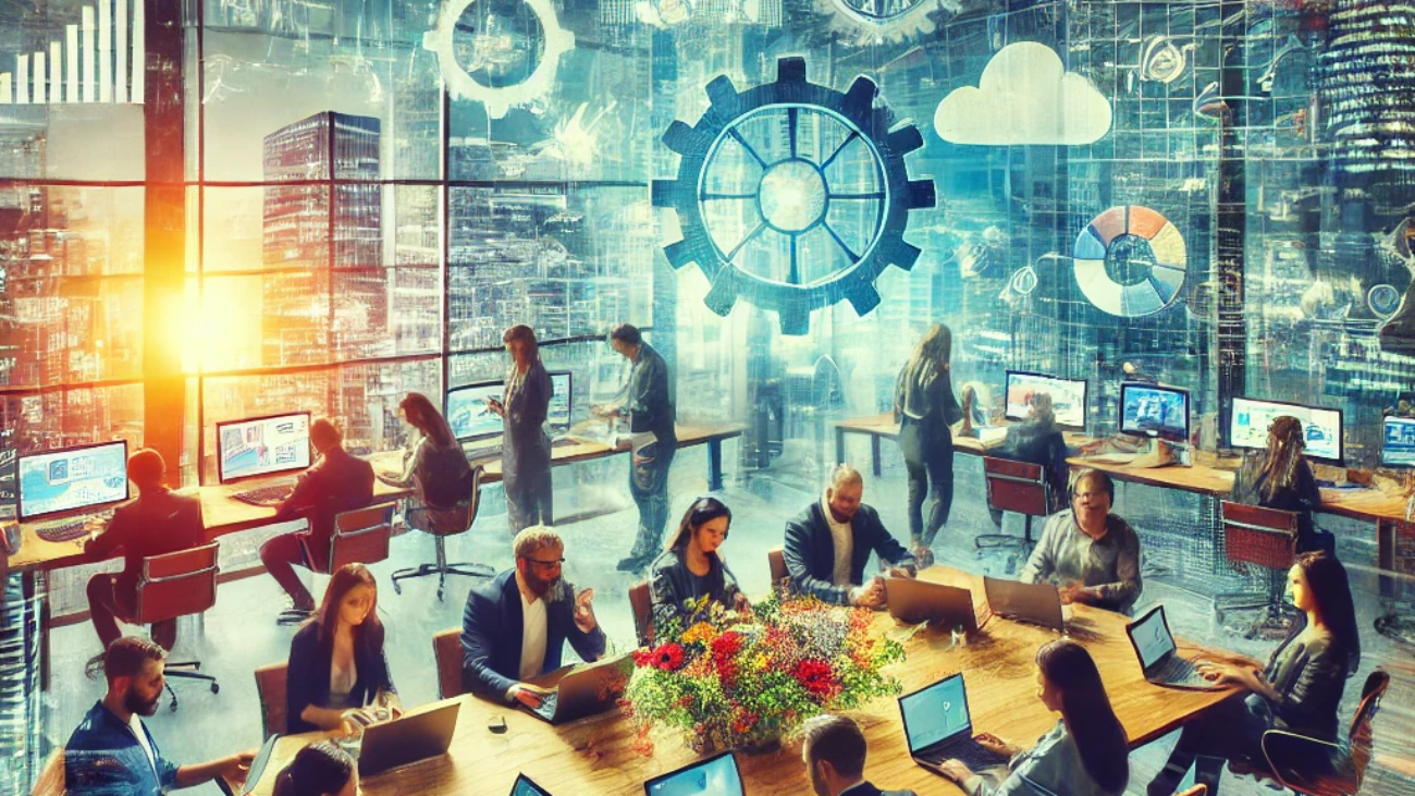 DALL·E 2024-09-21 13.58.18 - A vibrant scene representing small and medium-sized businesses (PYMEs). The image features a group of entrepreneurs in a modern office setting, workin