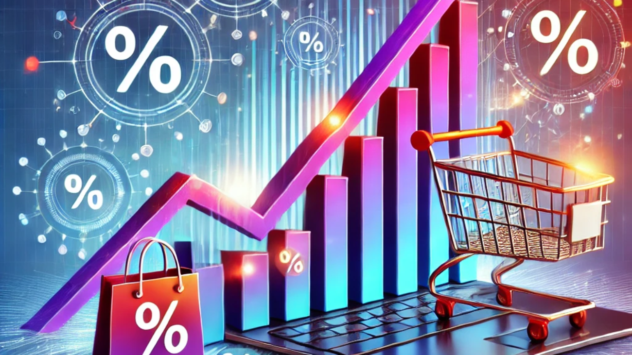 DALL·E 2024-09-23 11.54.54 - A visually striking image reflecting an increase in online conversions. It shows an upward graph with sharp growth, alongside shopping cart icons and